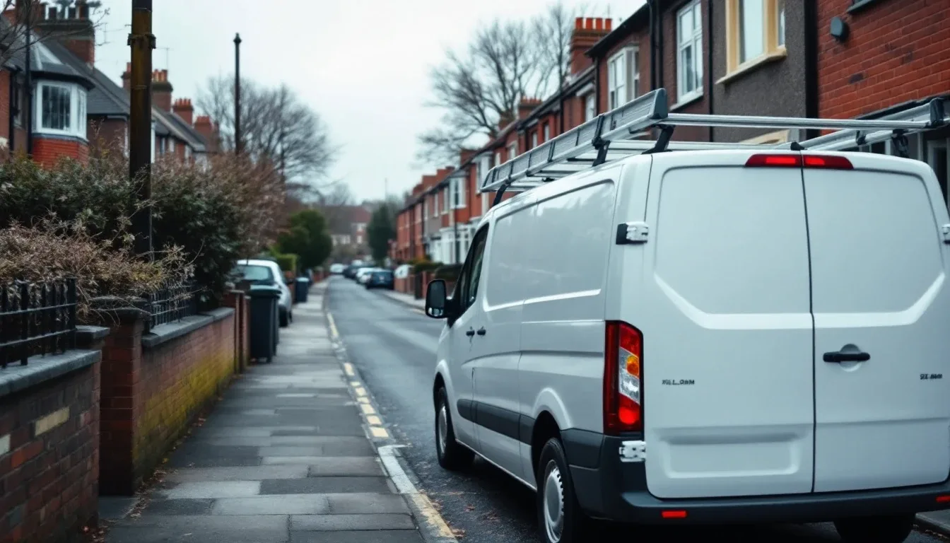 A heating engineer's van parked outside a UK house, representative of installers serving Eastern England