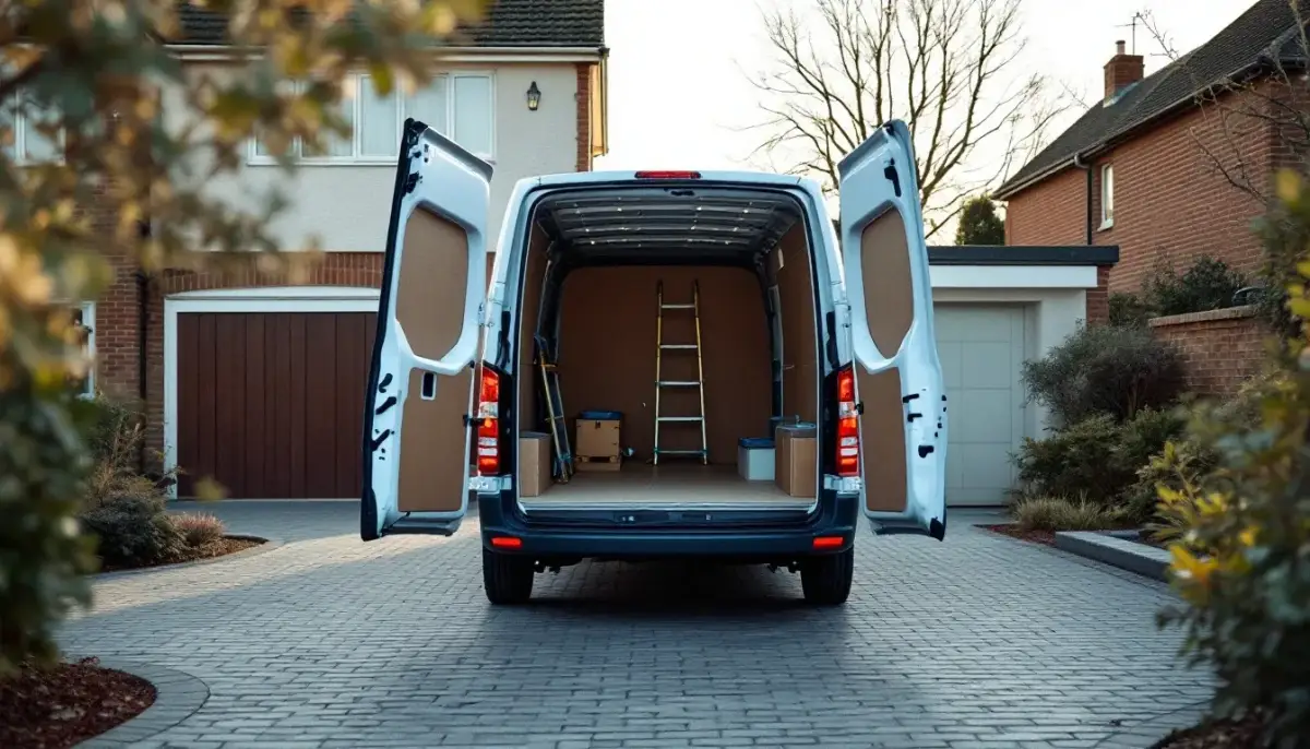 A heating engineer's van parked outside a UK house, representative of installers serving Yorkshire & Humberside